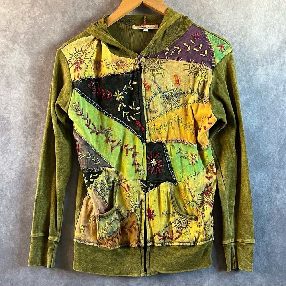Yak n Yeti Zip Up Hoodie Womens Size Small Hippie Boho Embroidered MultiColored